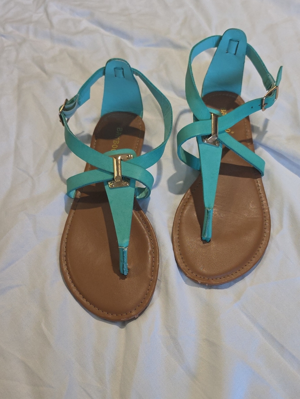 BAMBOO Teal T-Strap Women's Sandals with Gold Accent